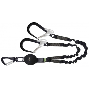 GRAVITY-S, CompaCT energy absorber withforked lanyards (140 kg, sharp edges), elastic strap lg. 1.50 m, with large opening aluminum scaffolding hooks